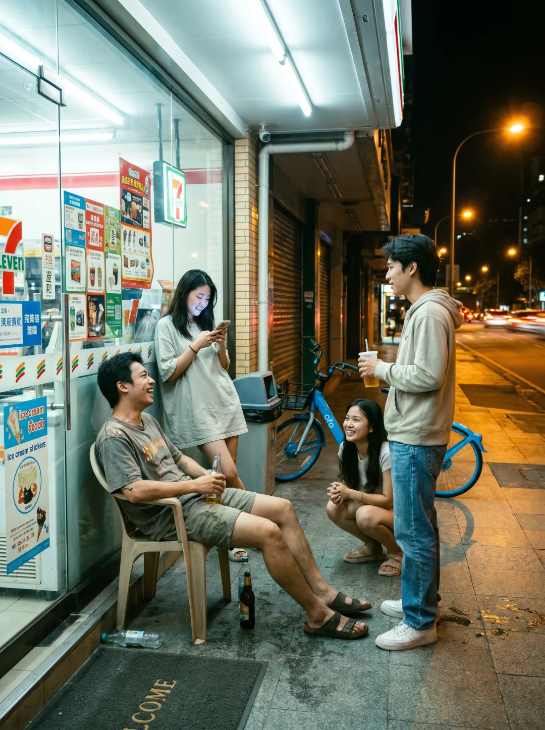 Japanese convenience store at 2am with warm light spilling onto empty sidewalk