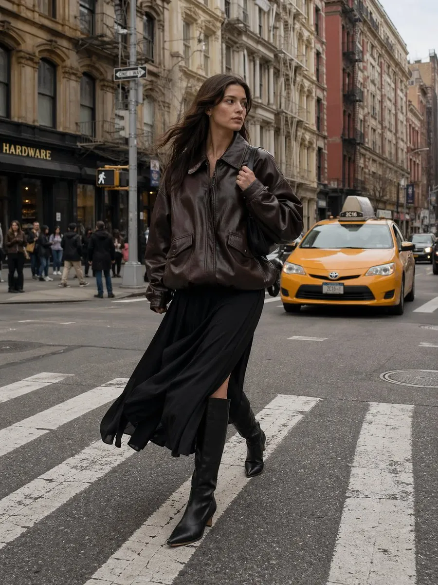 A full-body outdoor shot captures a young Caucasian woman, possibly in her la...