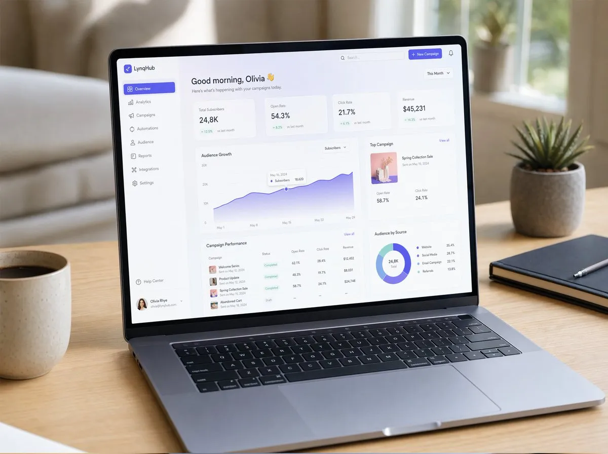 A hyper-realistic UI/UX mockup displayed on a slim modern laptop placed on a ...