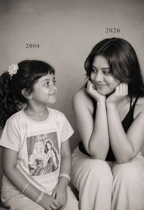 Black and white studio diptych showing the same person as a child on the left and as an adult on the right, Rembrandt lighting, film grain