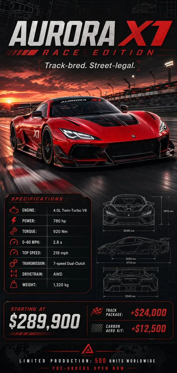 generate an image of a racing car poster with its spec and pricing