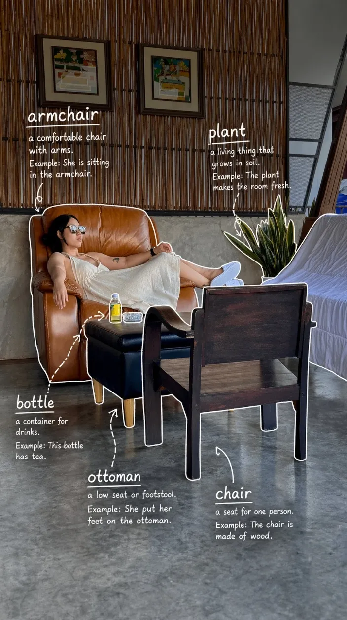 Cheerful educational infographic illustration showing a student surrounded by floating English vocabulary, books, and cultural icons
