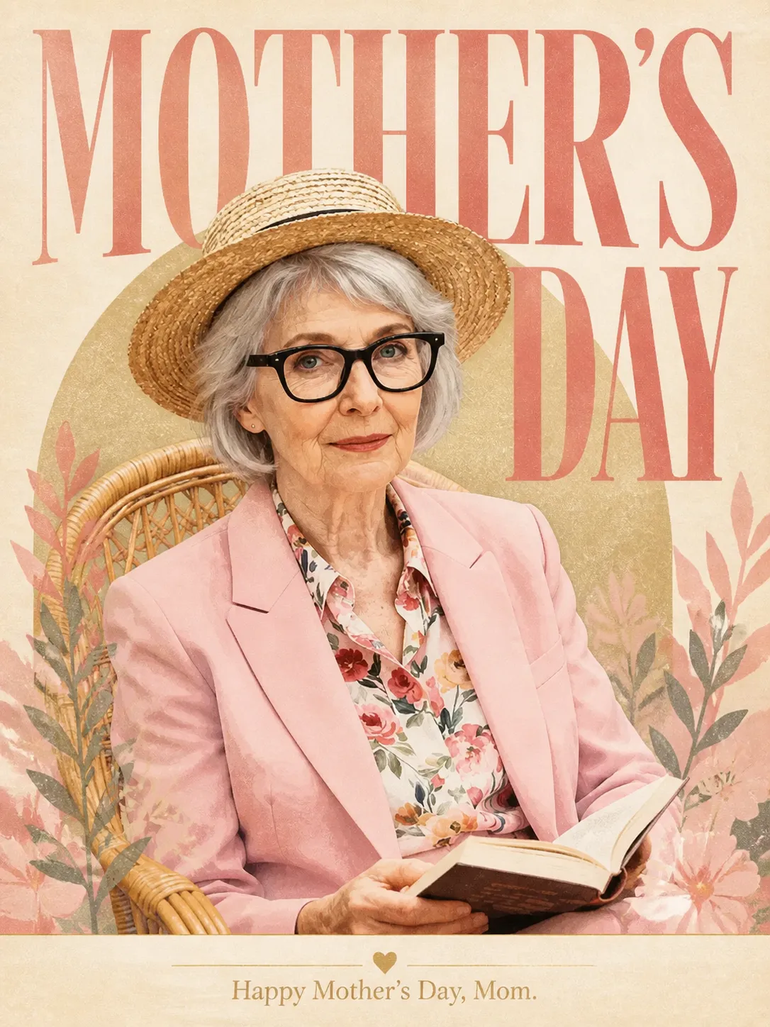 High-end Mother's Day portrait tribute poster with MOTHER'S DAY typography, mom as central dignified figure