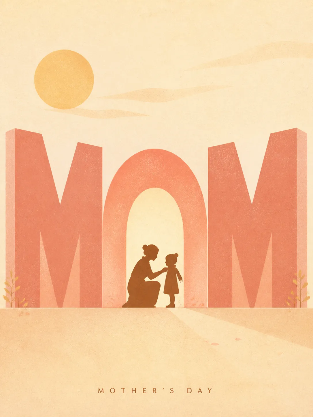 High-end flat graphic Mother's Day poster with monumental MOM letters, mother-child silhouette, warm coral and ivory palette