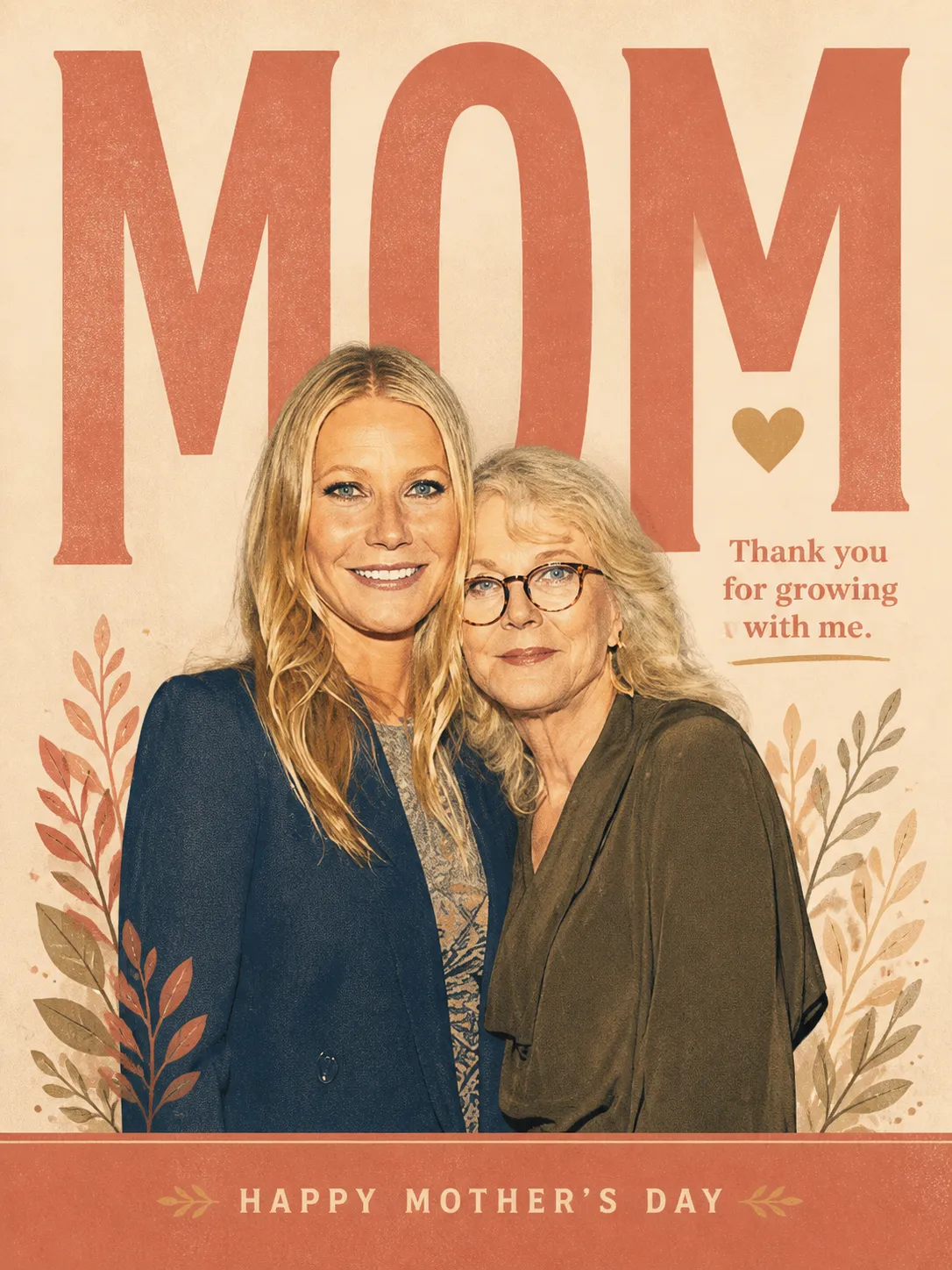 Mother's Day tribute poster with MOM typography, mother-daughter photo transformed into flat graphic art style