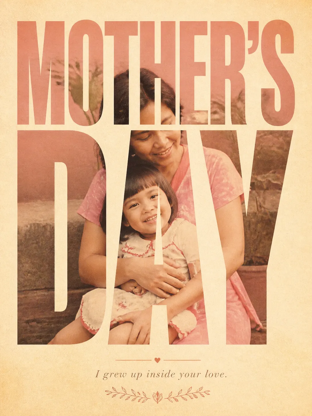 Mother's Day memory poster with photo visible through MOTHER'S DAY typography, warm archival paper texture