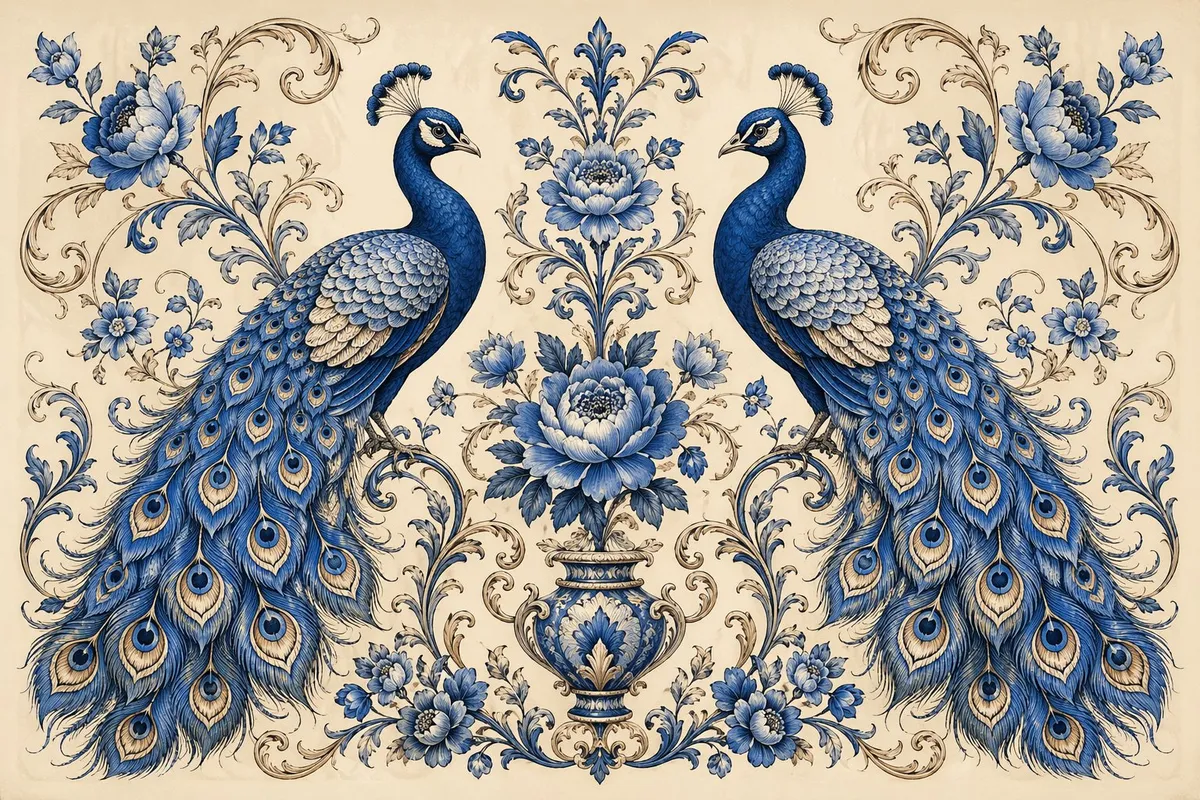 Peacock Botanical Vintage Symmetrical Art Print