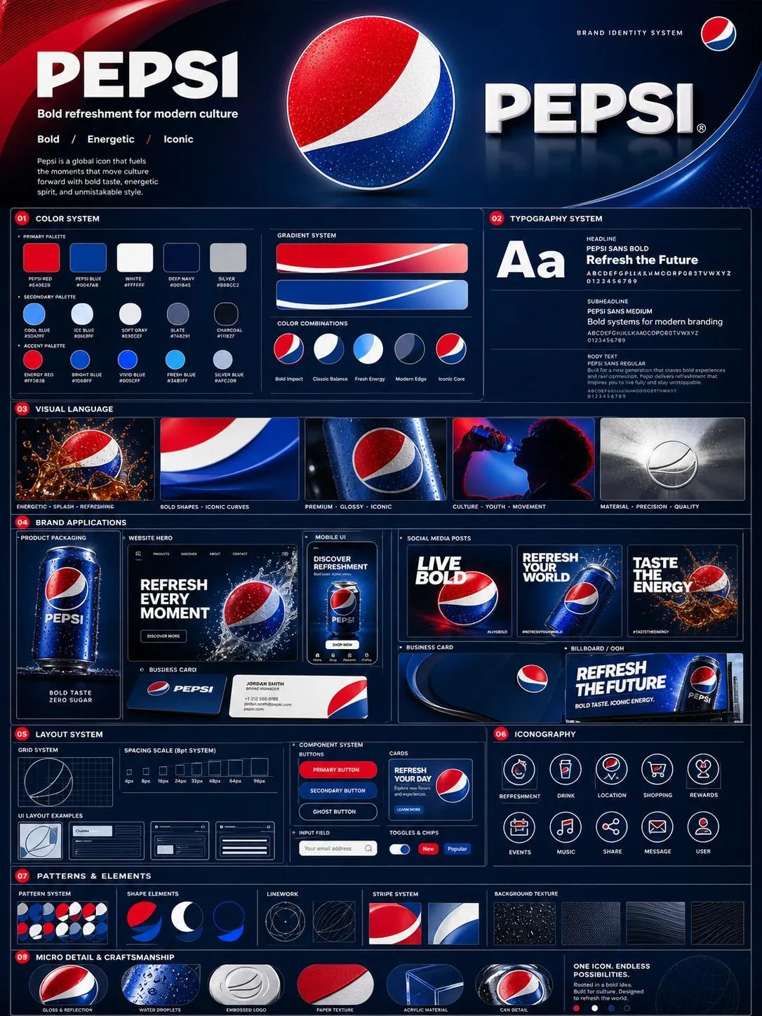 Premium brand identity system poster with color palette, typography, mockups, and iconography