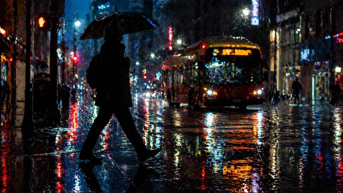 Cinematic low-angle shot of a rain-soaked neon-lit urban alley at night, lone figure silhouetted, puddle reflections, anamorphic lens flare