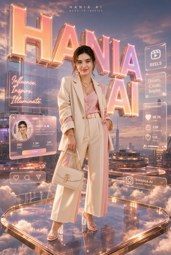 3D influencer card with floating cityscape and neon typography