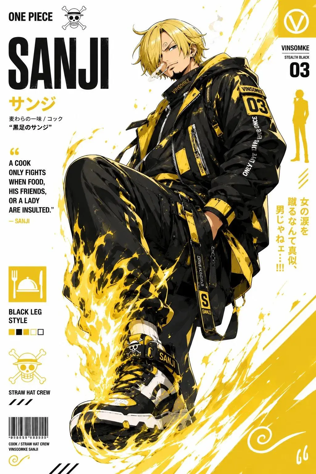 Stylized anime character poster with streetwear redesign on clean white background