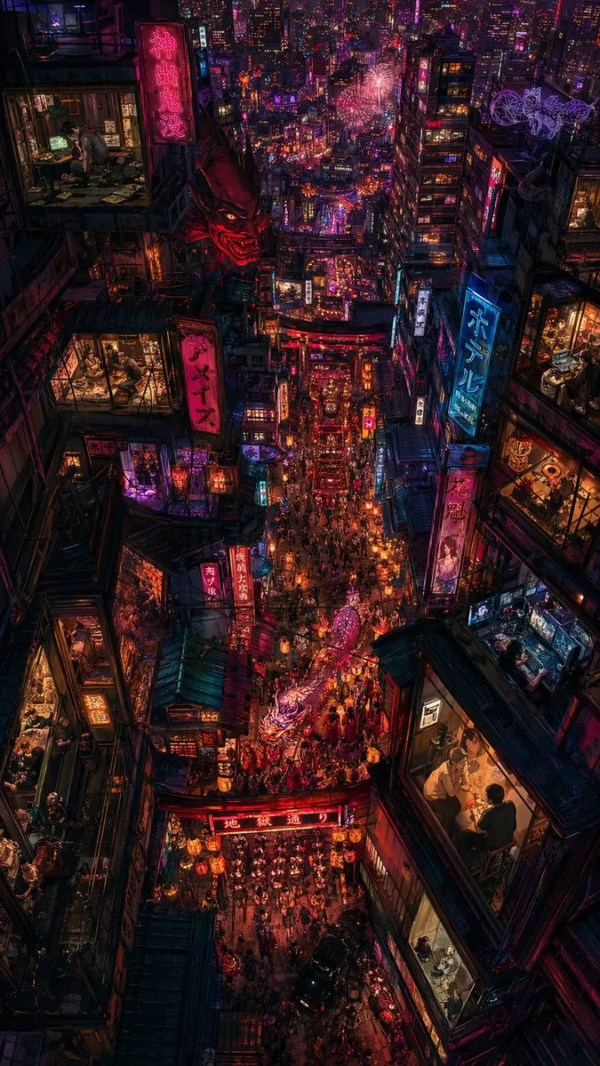 Surreal Japanese Futuristic City Illustration