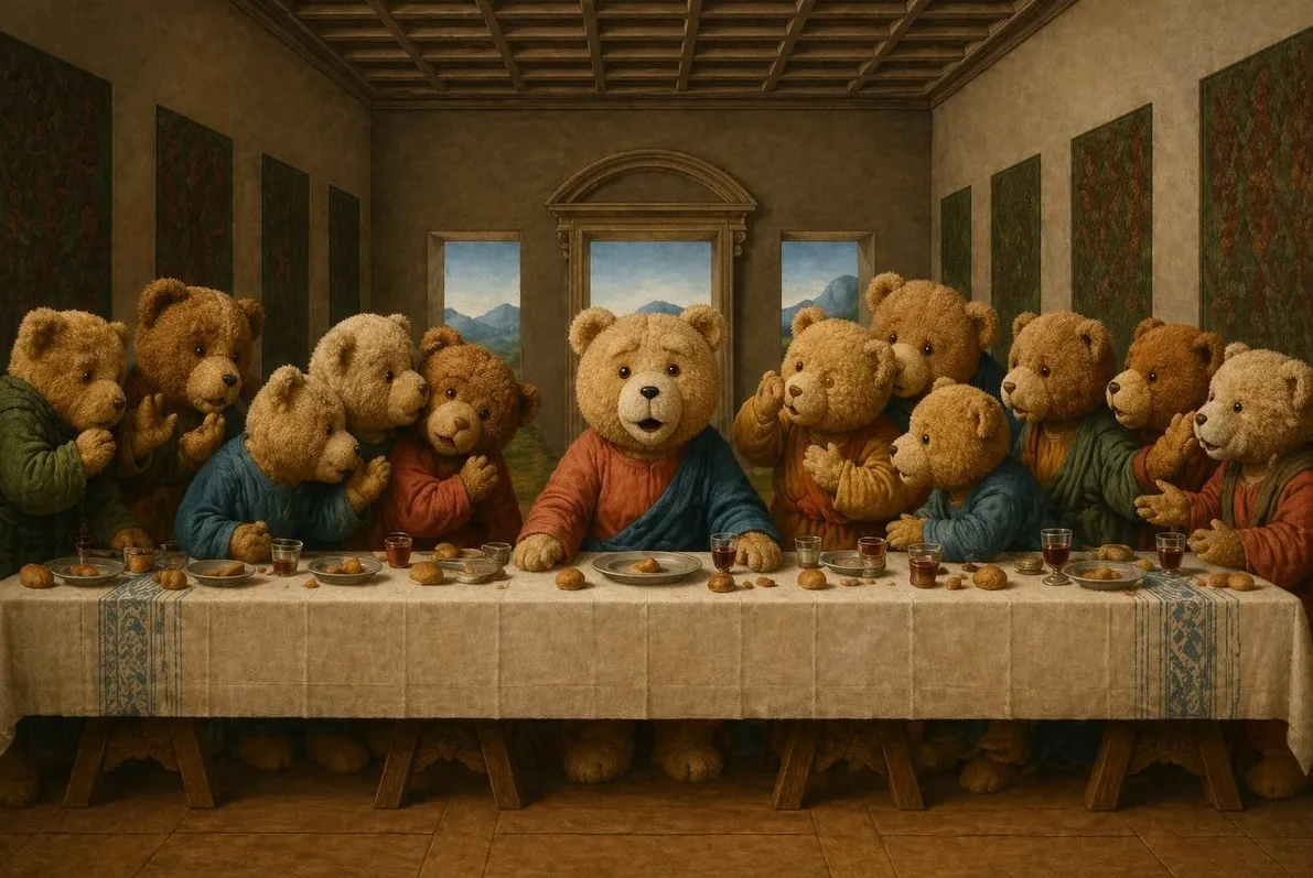 Hyper-realistic Renaissance oil painting parody featuring teddy bears reenacting The Last Supper with dramatic chiaroscuro lighting and cracked canvas texture