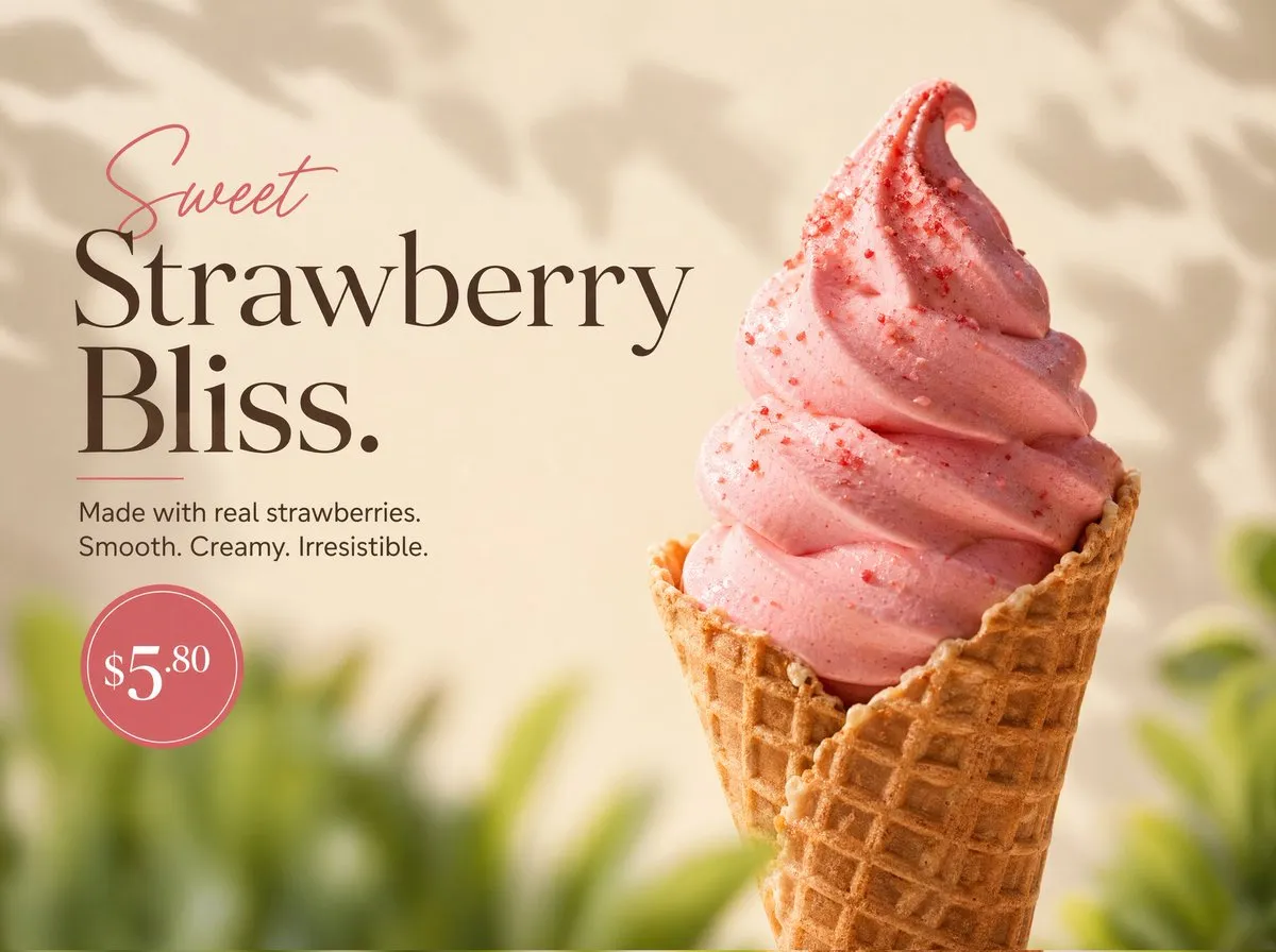 Ultra-realistic product photography of a rich strawberry soft-serve ice cream...